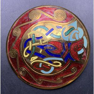 Large Celtic Knot Brooch Pin Kells Bird Multicolor Red Gold Tone Enamel Vintage